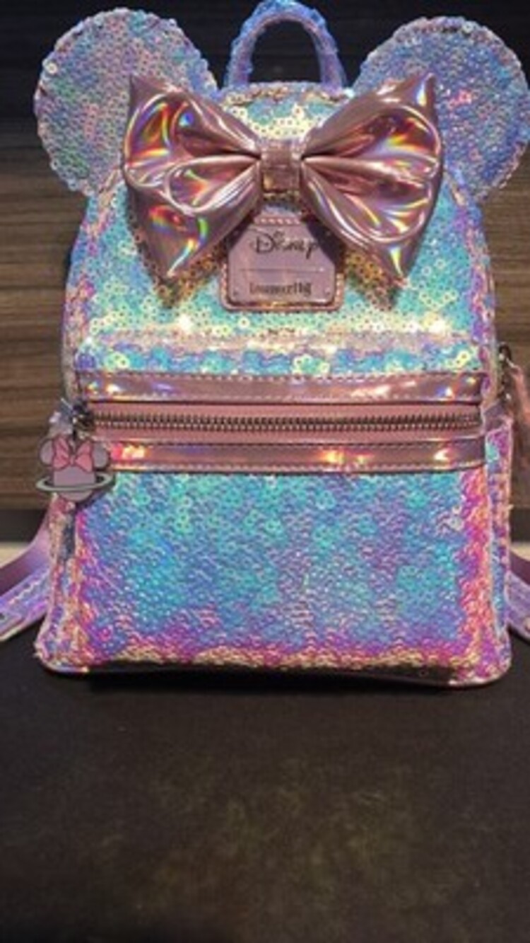 Loungefly LASR Disney Minnie Planet Pink Iridescent UV Reactive Sequin Backpack